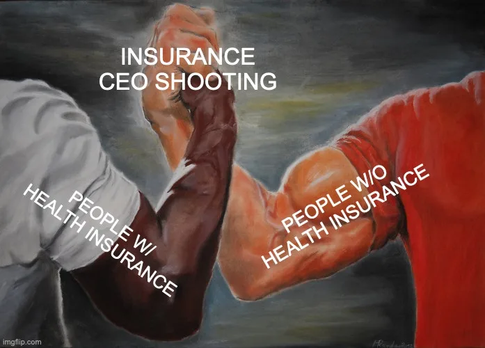 An arm-wrestling painting depicts two muscular arms locked in a struggle, one labeled 'PEOPLE WI HEALTH INSURANCE' and the…