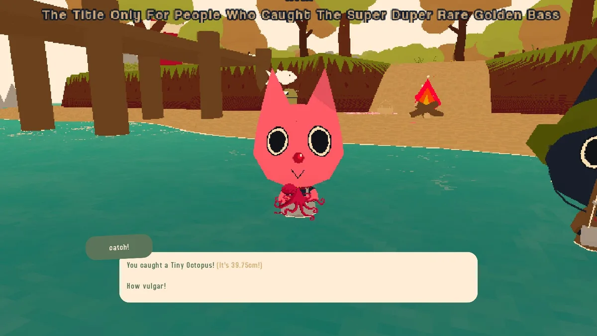A screenshot from the game 'Fish Tycoon' shows a pink, cartoonish cat-like character holding a tiny octopus in water. A…