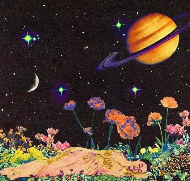 A person lies peacefully asleep in a field of colorful flowers under a surreal night sky filled with stars, a crescent moon…