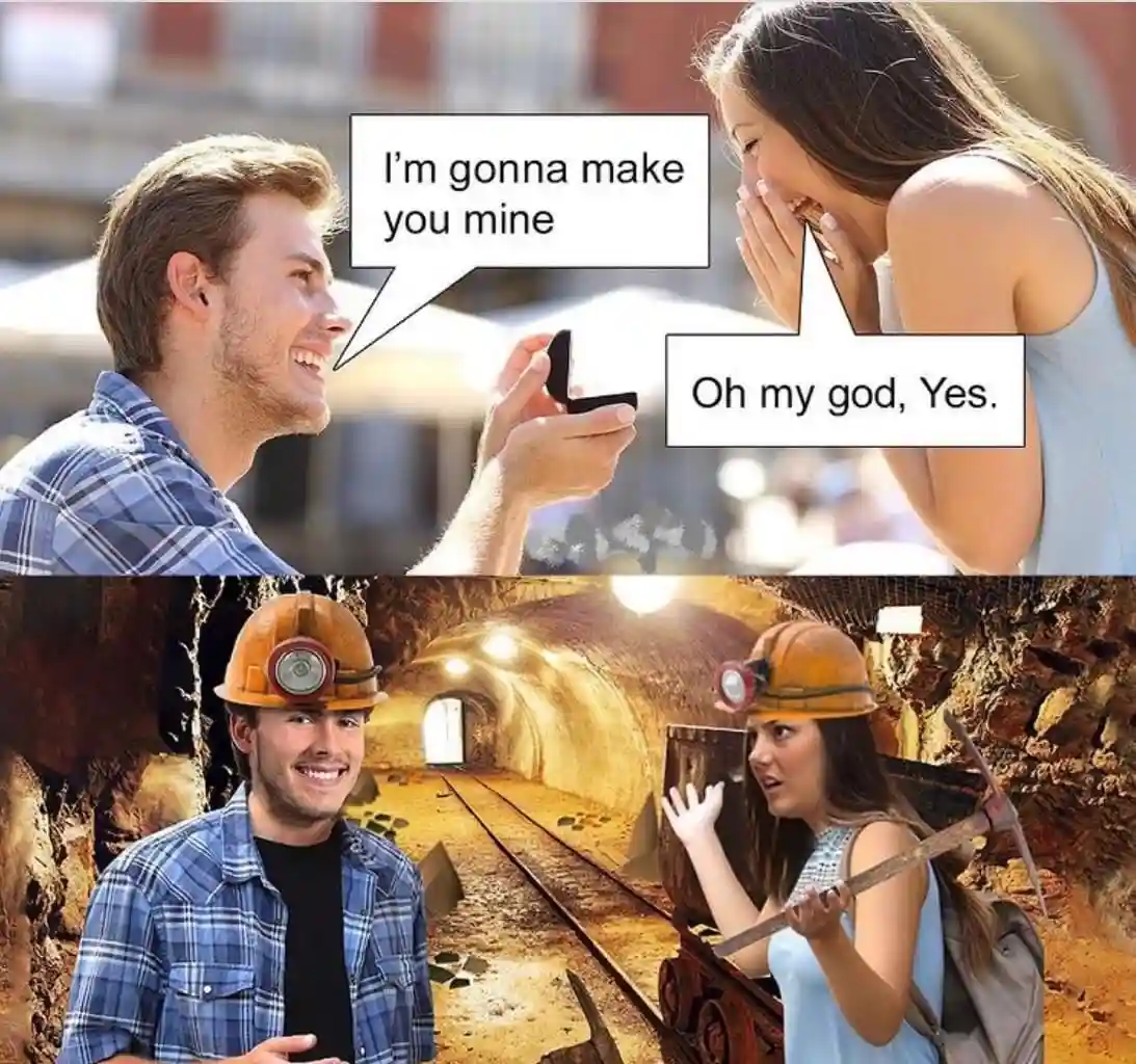Top panel: A man in a plaid shirt proposes to a woman with a ring box, she laughs and says 'Oh my god, Yes.' Bottom panel…