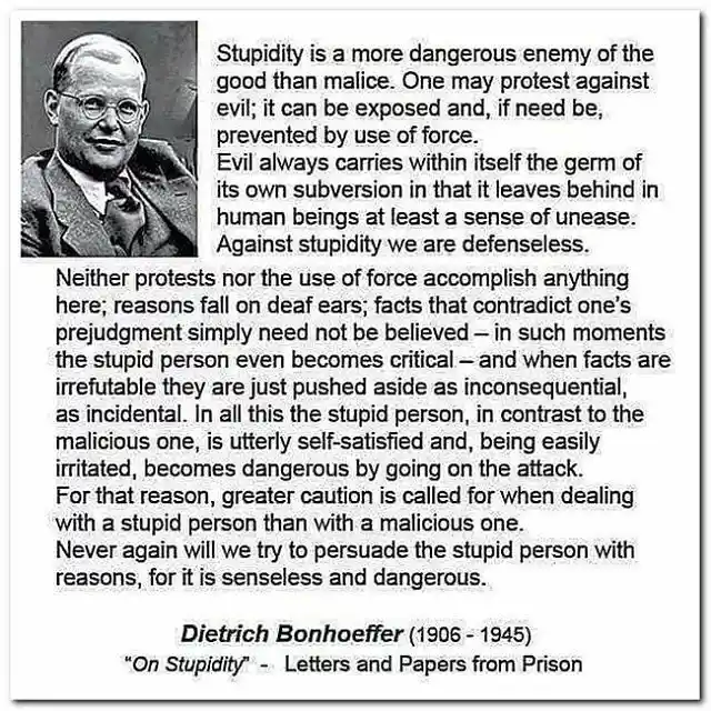 A black-and-white photo of Dietrich Bonhoeffer is shown next to a full text excerpt from his work 'On Stupidity,' which…