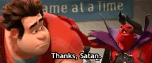 A still image from the animated movie 'Wreck-It Ralph' shows the main character, Ralph, in a red shirt, looking at a small…
