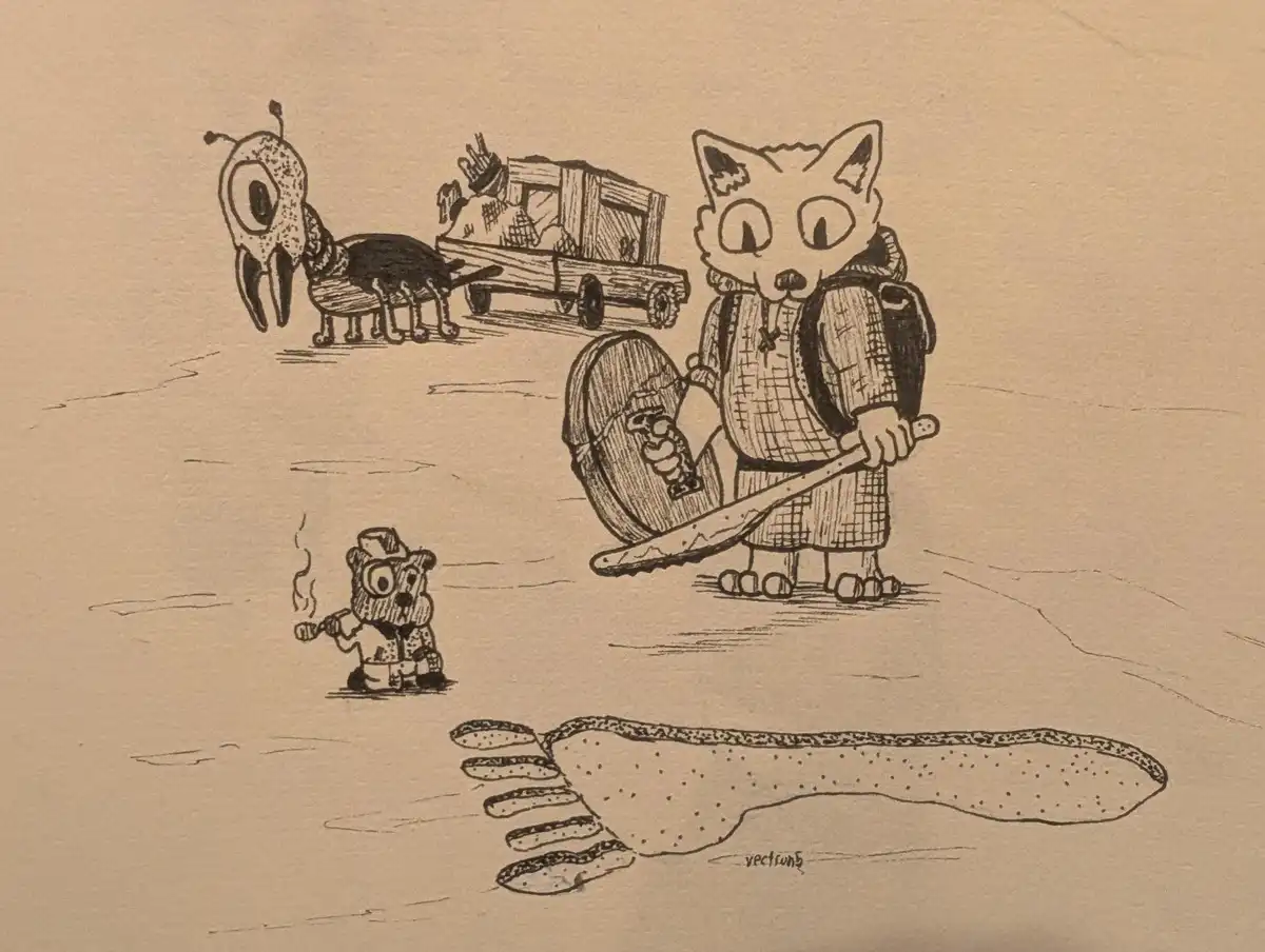 A hand-drawn, sepia-toned illustration shows a cat-like warrior with a backpack, shield, and sword standing over a giant…