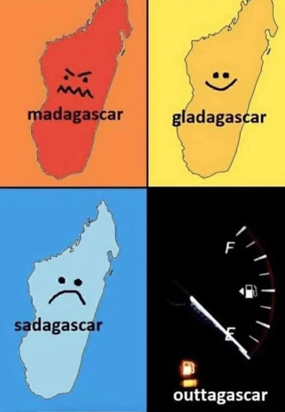 The image is a four-panel meme showing the island of Madagascar with different facial expressions and color backgrounds. Top…