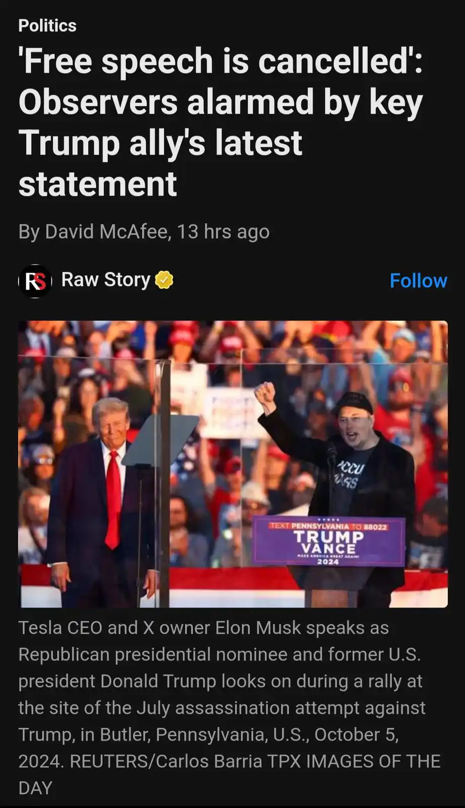 A screenshot of a news article from Raw Story shows a photo of Elon Musk speaking at a rally, with Donald Trump standing…