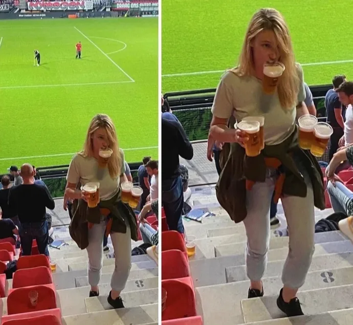 A split-screen image shows a blonde woman at a soccer stadium, walking down concrete stairs while carrying multiple beer…