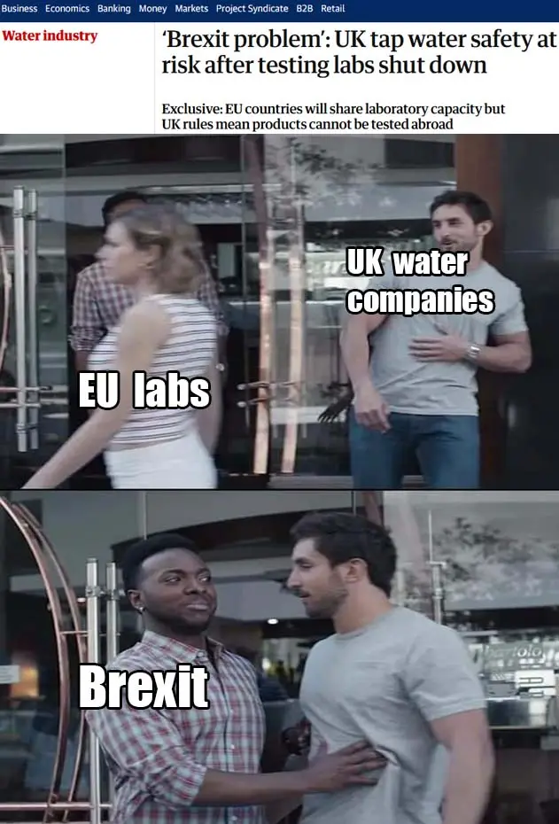 The image is a two-panel meme. The top panel shows a man labeled 'UK water companies' looking surprised as a woman labeled…