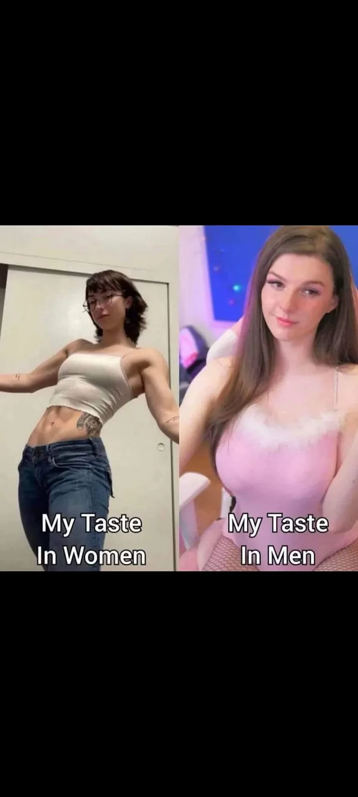 The image is split into two panels. The left panel shows a woman with glasses, a tattoo on her hip, and a crop top, labeled…