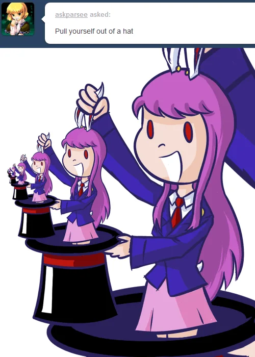 A six-panel comic strip shows a purple-haired anime girl in a school uniform performing a magic trick where she pulls a…