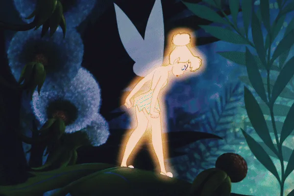 The image shows a sequence from Disney's 'Tinker Bell' where the fairy character glows brightly, then turns red with anger…