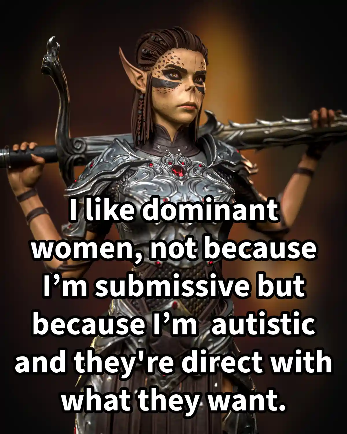 A fantasy female elf warrior in ornate silver armor with red gemstones, holding a large ornate weapon over her shoulders…