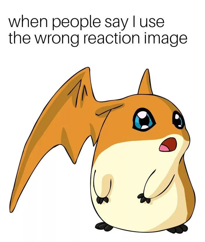 A cartoon Digimon character, resembling a small, round, orange-brown bat-like creature with large blue eyes and a surprised…