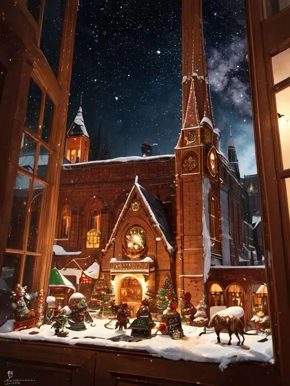 A cozy indoor view looking out a window at a detailed, snow-covered miniature Christmas village scene featuring a prominent…