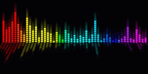 The image displays two identical horizontal rainbow-colored audio equalizer visualizations against a black background, one…