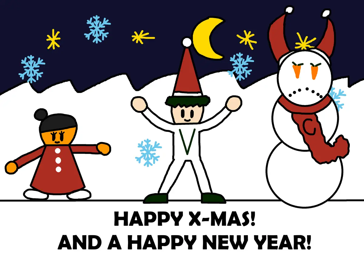 A cartoon winter scene with three characters: a girl in a red coat and black hat, a snowman wearing a red hat and scarf with…
