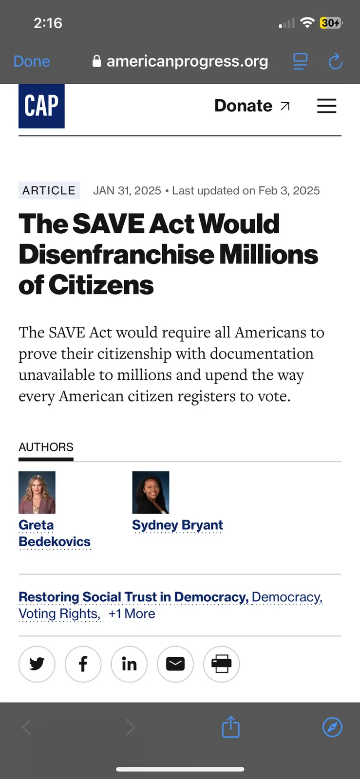 A screenshot of a mobile web page from americanprogress.org showing an article titled 'The SAVE Act Would Disenfranchise…