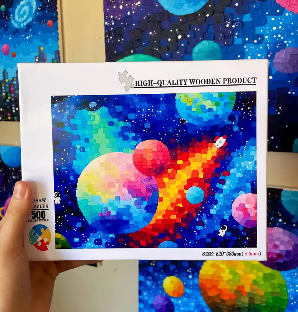 A hand holds a puzzle box featuring a colorful, pixelated space scene with planets and a rocket, labeled 'HIGH-QUALITY…