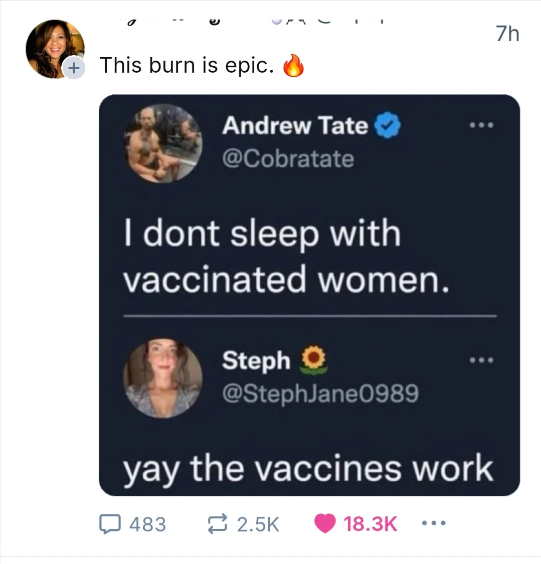 A screenshot of a Twitter thread shows Andrew Tate's tweet stating 'I dont sleep with vaccinated women.' followed by a reply…