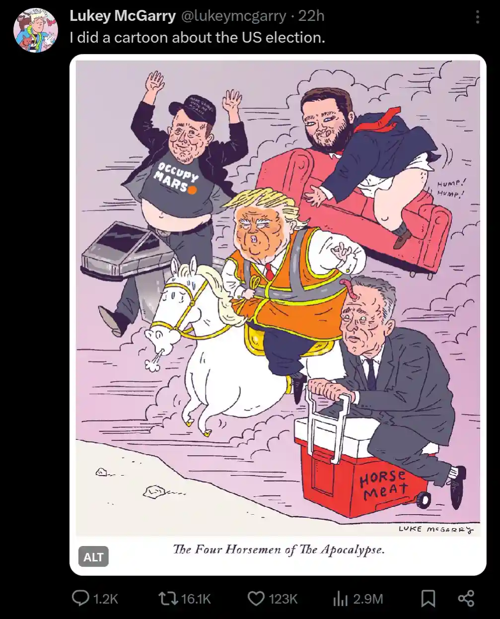 A cartoon depicts four caricatured figures representing US political figures as the Four Horsemen of the Apocalypse. One…