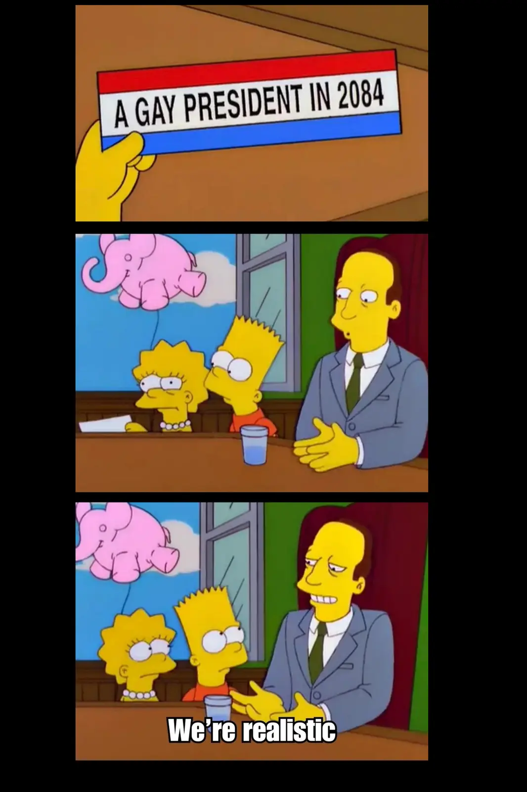 The meme features three panels from The Simpsons. The top panel shows a yellow hand holding a red, white, and blue banner…