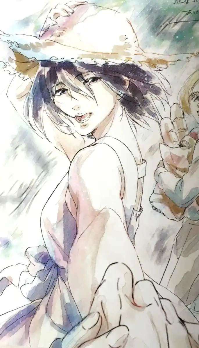 A watercolor anime-style illustration shows a young woman with dark hair and a wide-brimmed straw hat, smiling while looking…