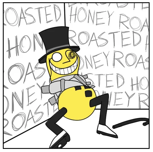 A cartoon yellow banana character wearing a black top hat, a grey vest, and black pants with white shoes, strikes a…