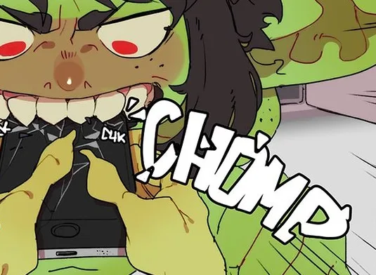An anime-style character with green skin, red eyes, and dark hair is shown aggressively biting into a black smartphone…