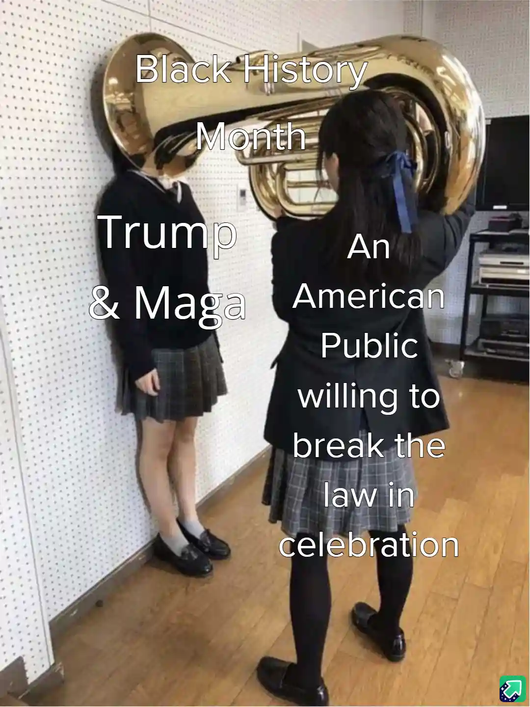 Two schoolgirls in uniforms stand in a hallway; one holds a large brass tuba, its bell obscuring her face. Text overlays…