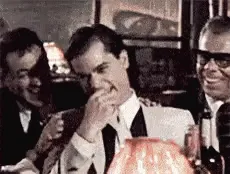 a six-panel sequence from a vintage film showing a man in a light-colored suit progressively reacting with increasing shock…