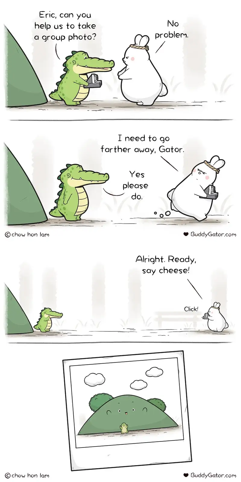 A three-panel comic shows a green alligator named Eric asking a white rabbit to take a group photo. The rabbit agrees, then…