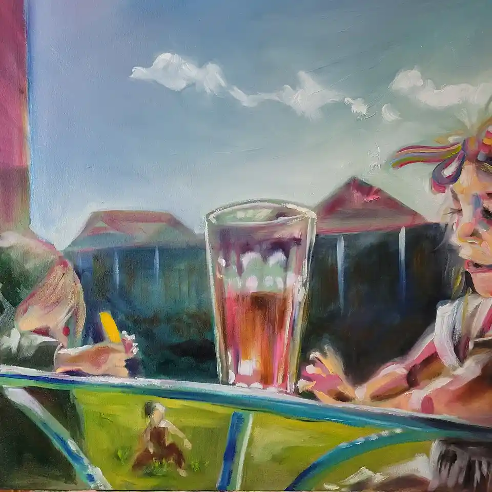 A colorful, impressionistic painting shows a glass of amber liquid on a windowsill, with a person's hands visible on either…