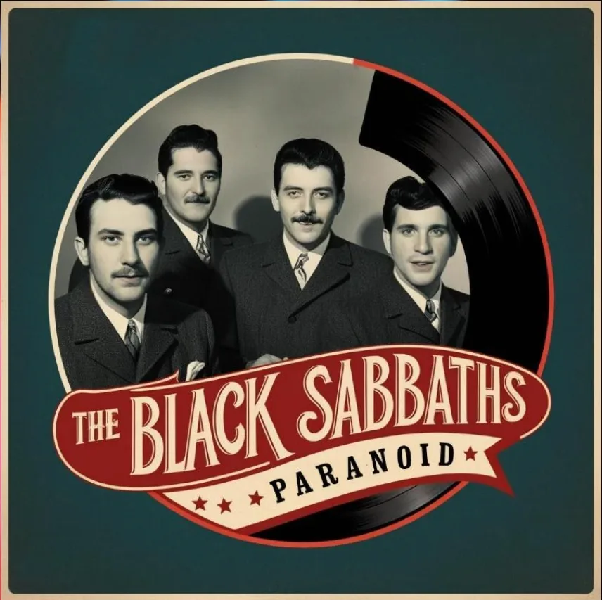 A vintage-style album cover features four men in suits and ties with mustaches, posed inside a circular frame that partially…