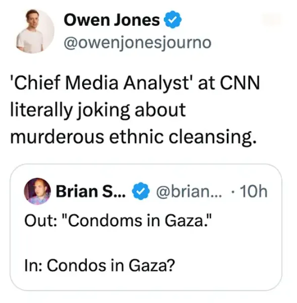 A screenshot of a Twitter thread shows Owen Jones criticizing a CNN media analyst for joking about 'murderous ethnic…