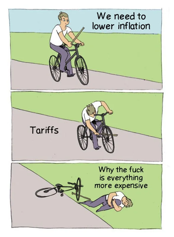 A three-panel comic shows a man on a bicycle. In the first panel, he says 'We need to lower inflation' while pedaling. In…