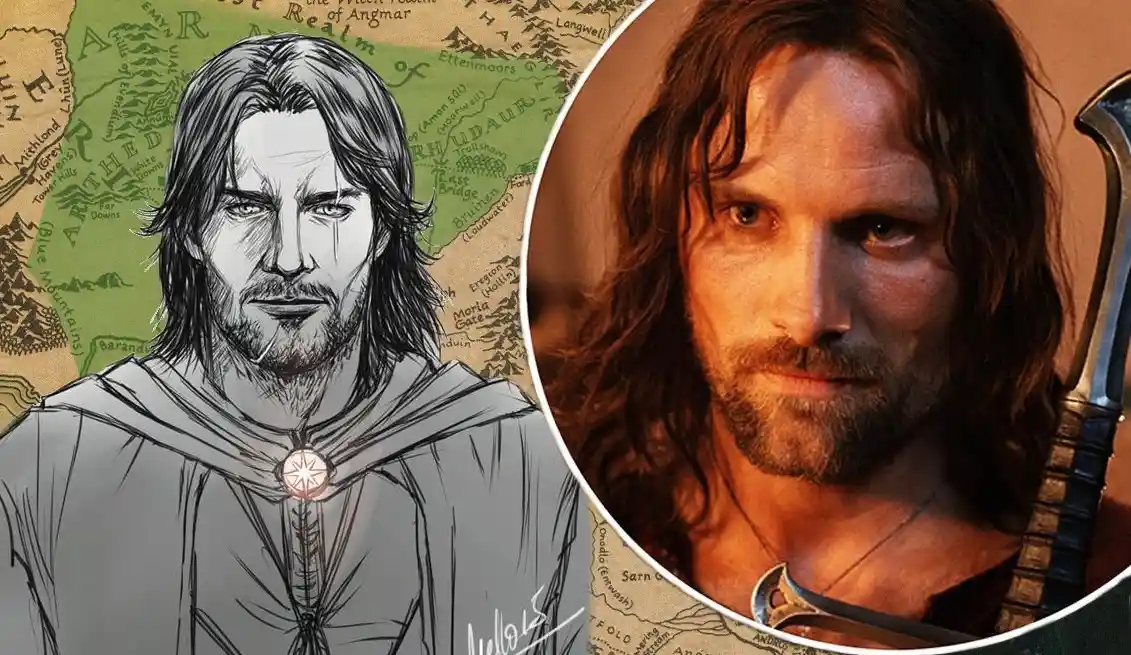 The image displays two side-by-side portraits of Aragorn from 'The Lord of the Rings'. The left side is a black-and-white…