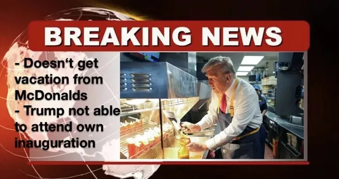 A news broadcast-style image shows Donald Trump in a McDonald's kitchen wearing an apron and working behind a fryer. The red…