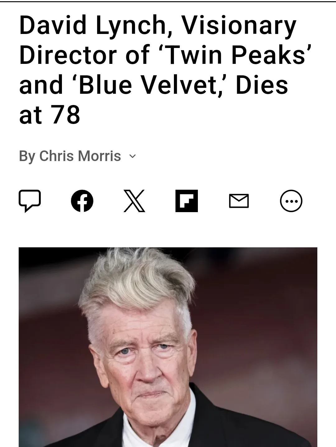 A screenshot of a news article header showing a photo of David Lynch, an older man with gray hair and a serious expression…