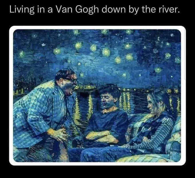The image shows a digitally altered version of Vincent van Gogh's 'The Starry Night,' where the sky is replaced with a dark…