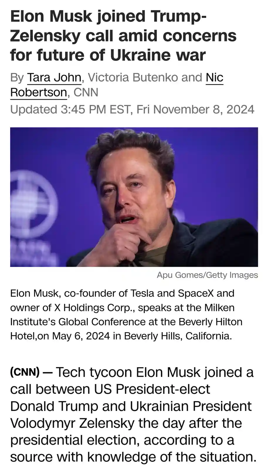 A screenshot of a CNN news article from November 8, 2024, featuring a photo of Elon Musk speaking at an event. The headline…
