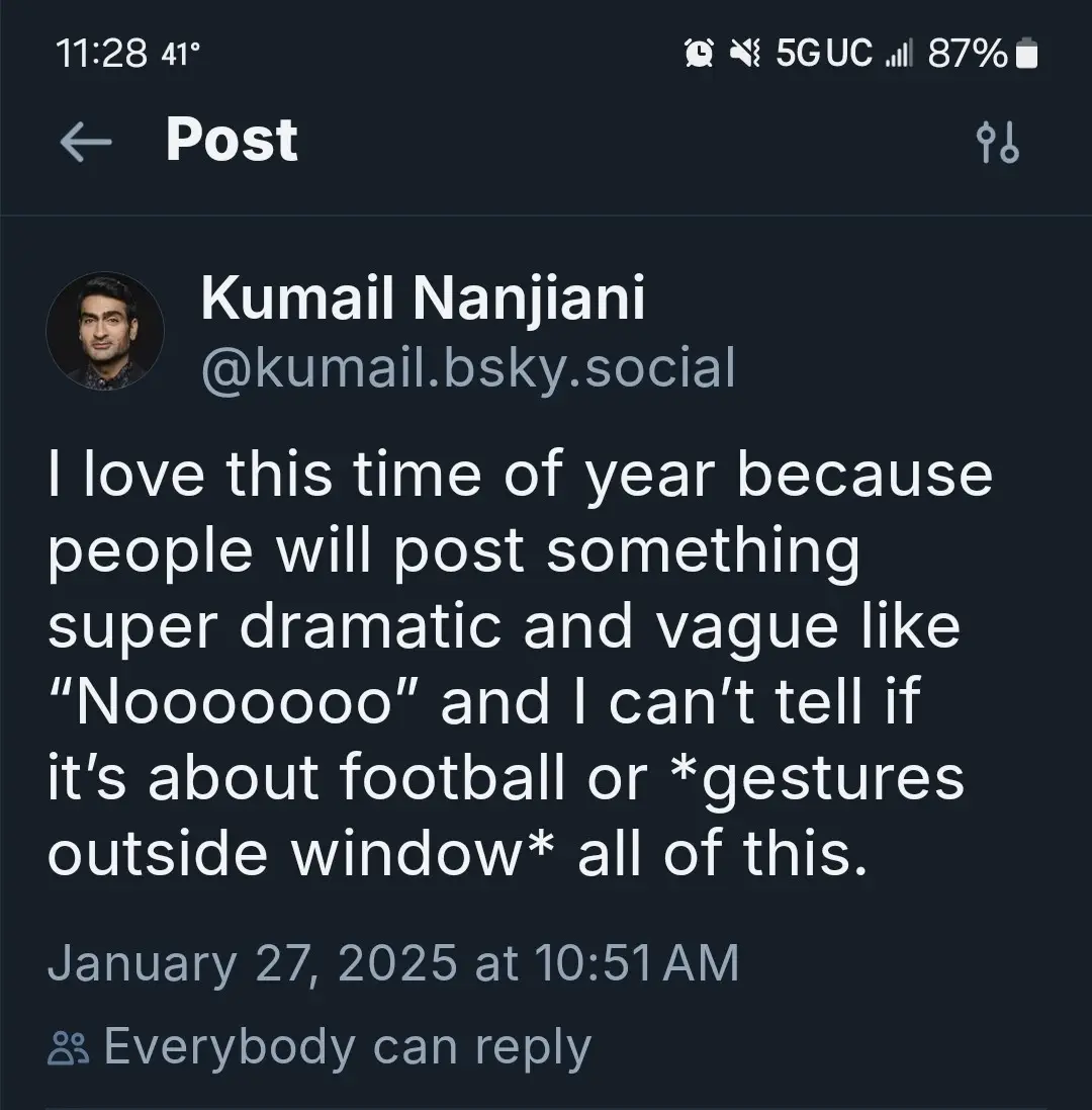 A screenshot of a post by Kumail Nanjiani on a social media app, showing his profile picture, username, and a text post…
