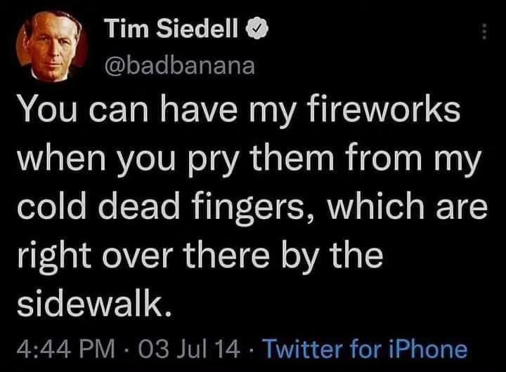 A screenshot of a tweet by Tim Siedell (@badbanana) showing a photo of a man with a serious expression. The tweet text…