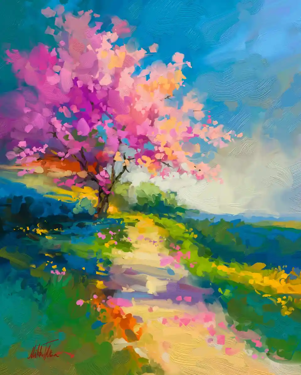 A vibrant, impressionistic painting depicts a blossoming tree with pink and purple flowers under a blue sky, with a winding…