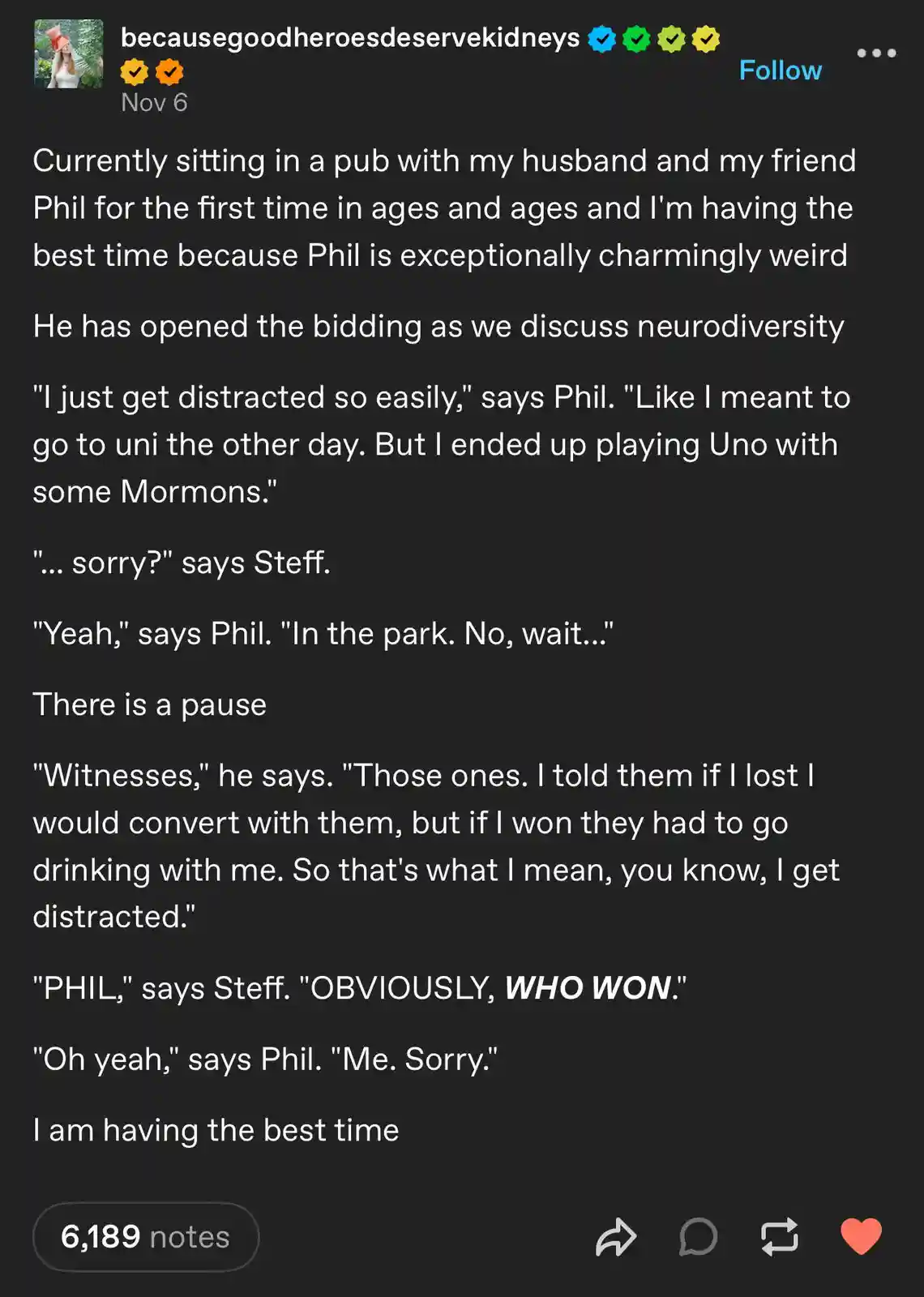 A screenshot of a social media post showing a text narrative about a friend named Phil who is described as 'exceptionally…