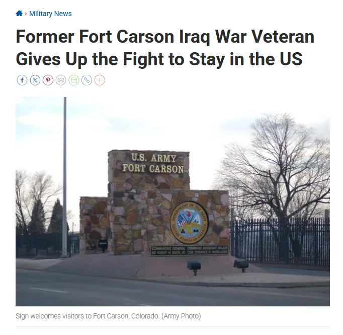A news article headline overlays a photo of the stone entrance sign for Fort Carson, Colorado, which reads 'U.S. ARMY FORT…