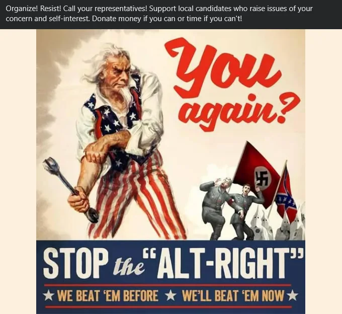 An altered vintage American propaganda poster shows Uncle Sam holding a hammer, glaring at two small figures holding Nazi…