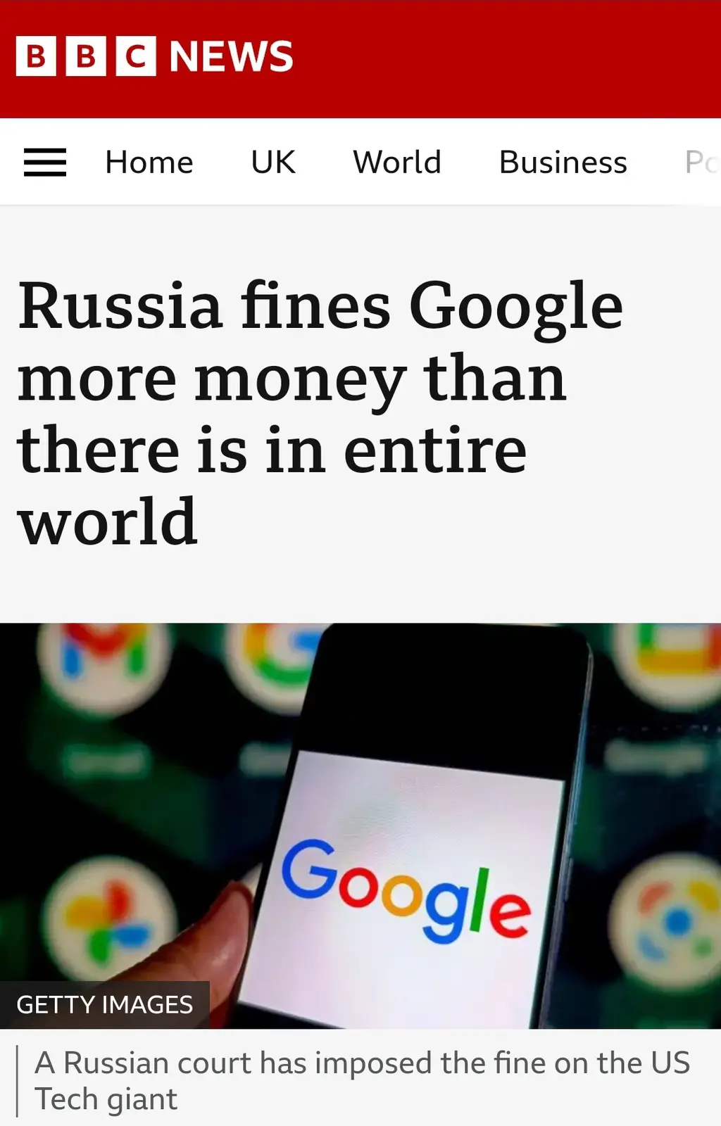 The image displays a BBC News article headline stating 'Russia fines Google more money than there is in entire world,' with…