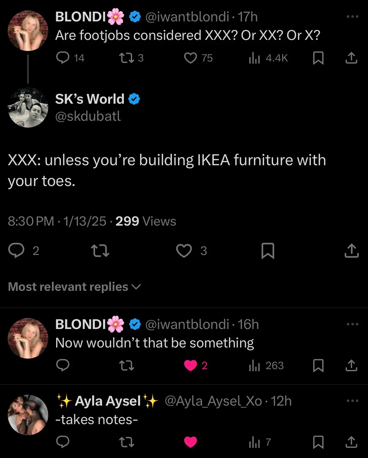 A screenshot of a Twitter thread shows user BLONDI asking if footjobs are considered XXX, XX, or X-rated. A reply from 'SK's…
