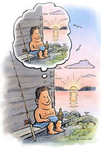A cartoon man sits on a wooden dock holding a fishing rod and a beer bottle, smiling contentedly. A thought bubble above his…