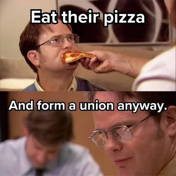 The top panel shows a man with glasses eating a slice of pizza being fed to him by another person. The bottom panel shows a…