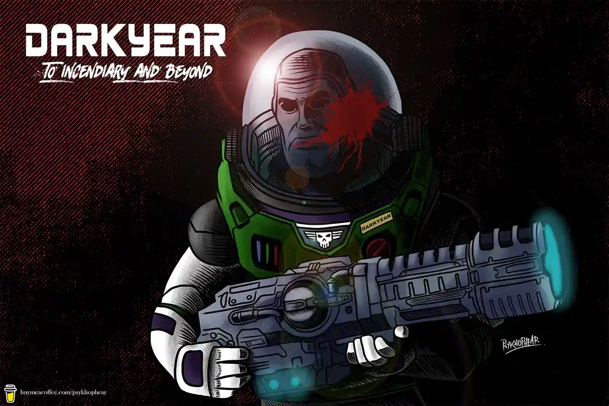 A stylized illustration of a grim-faced astronaut in a green and white spacesuit with a skull emblem, holding a futuristic…